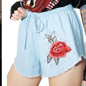 Embroidered Light Blue Denim Shorts with Red Floral Design